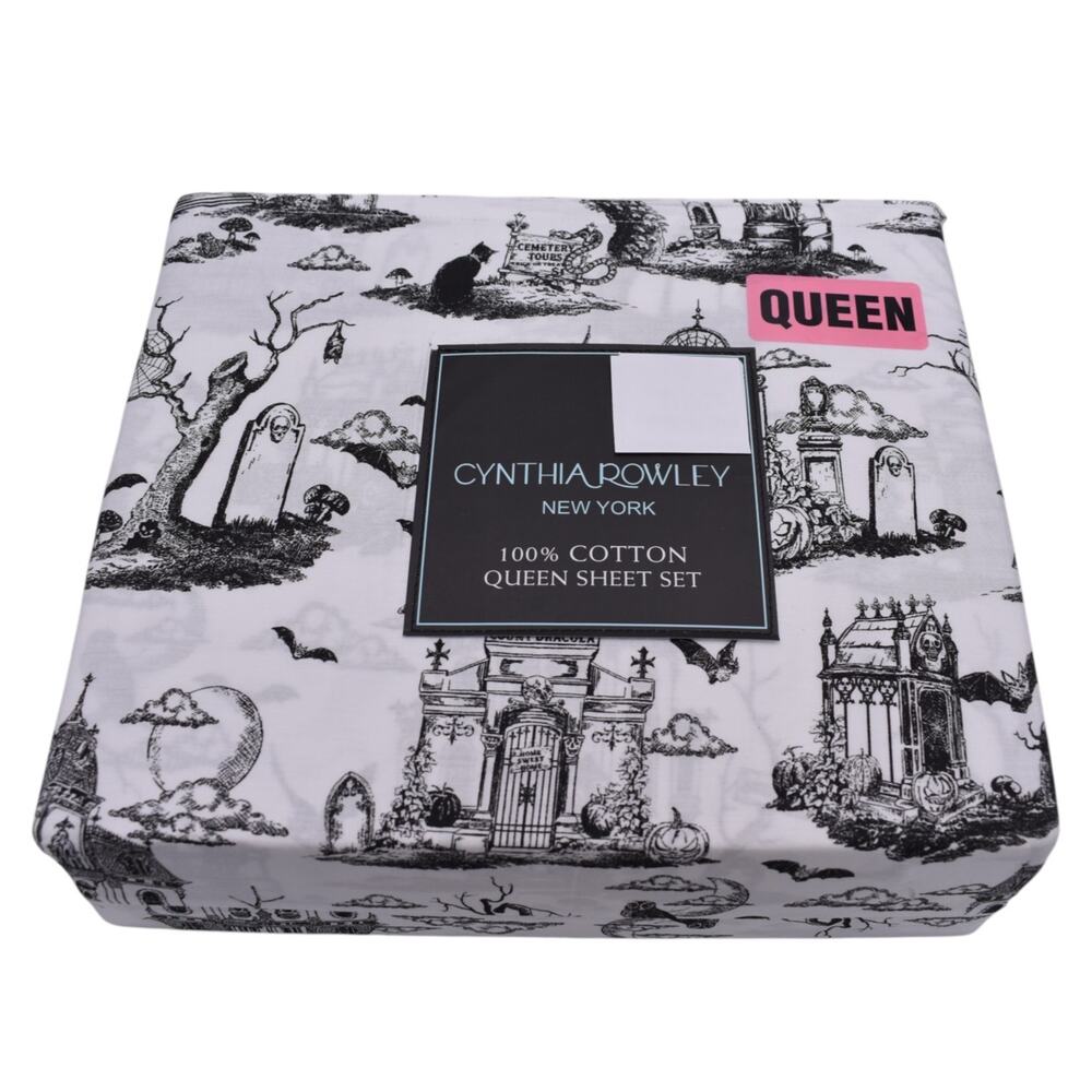 4pc Cynthia Rowley Queen Sheet Set Goth Dracula Graveyard Halloween 2026 NIP